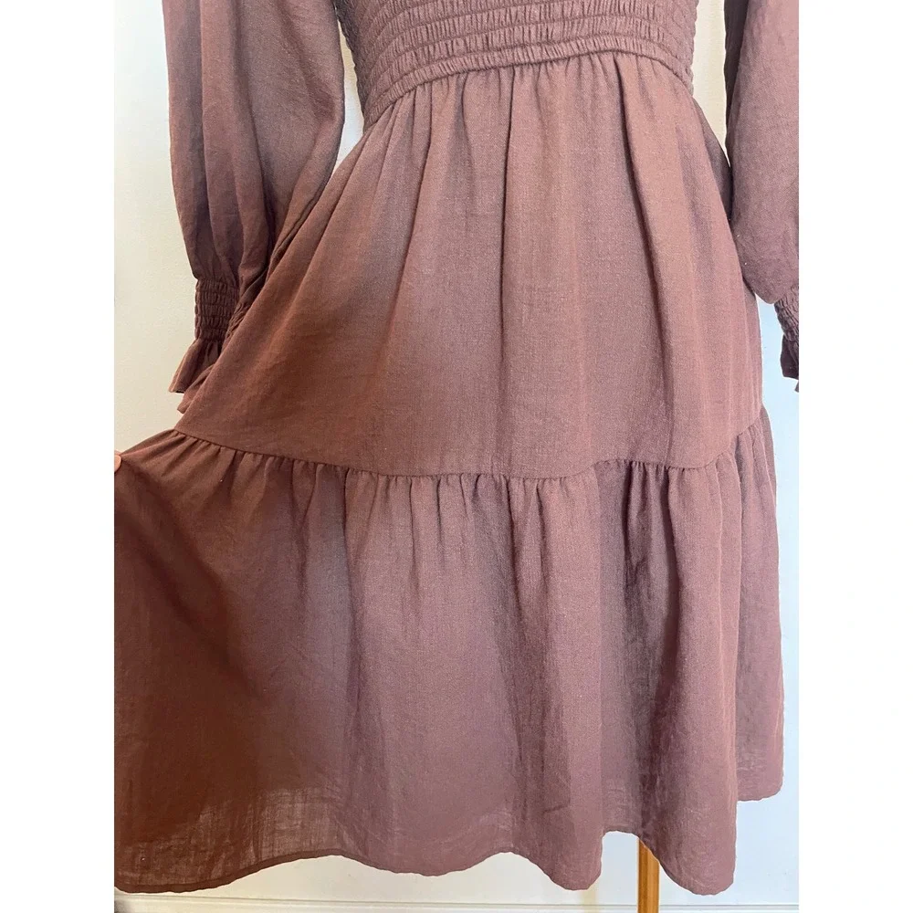 IVY CITY Chocolate Brown Girls Smocked Long Sleeve Dress Pockets Mock Neck 13/14